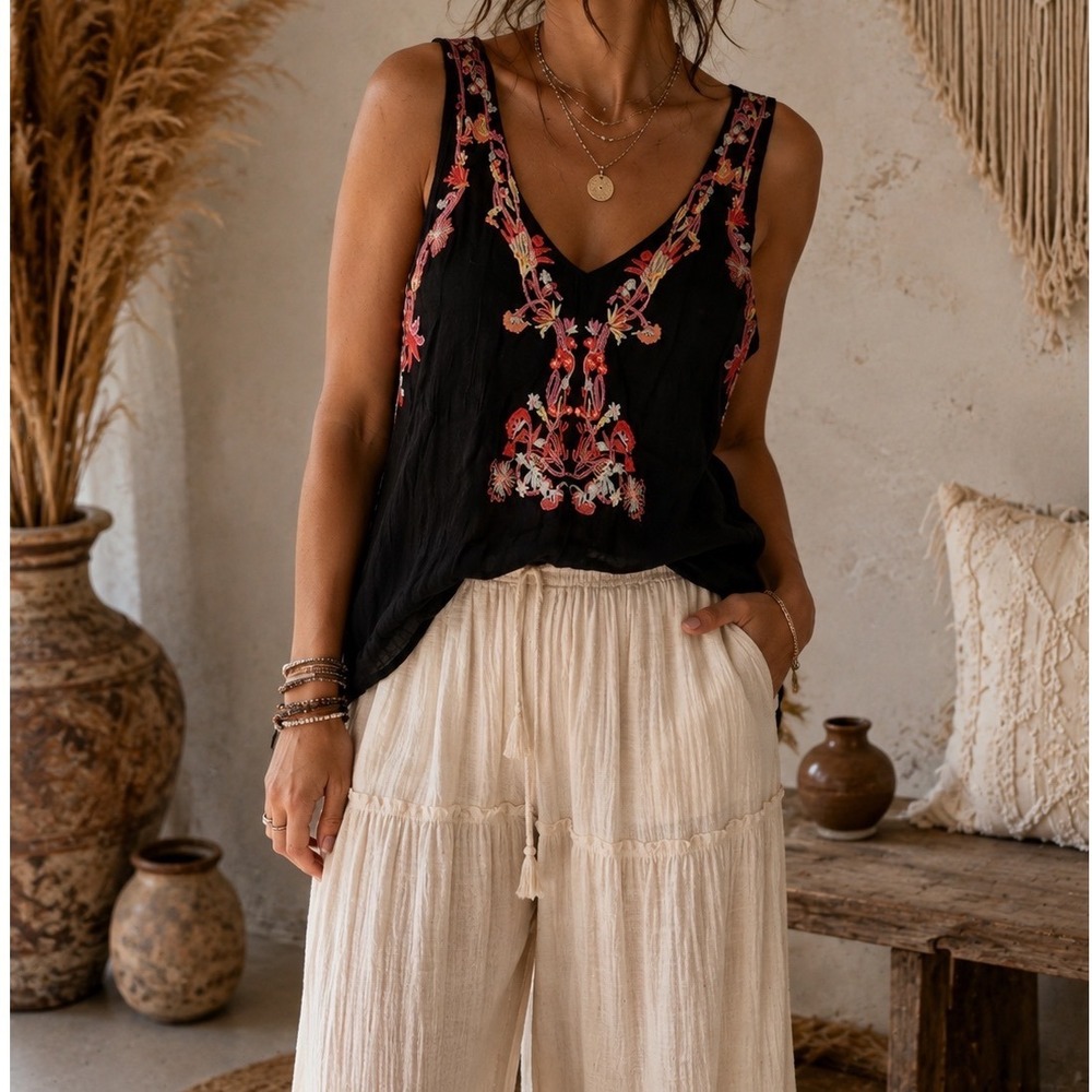 Entro‎ Black Embroidered V-Neck Babydoll Tiered Boho Tank Top Tunic Small oo